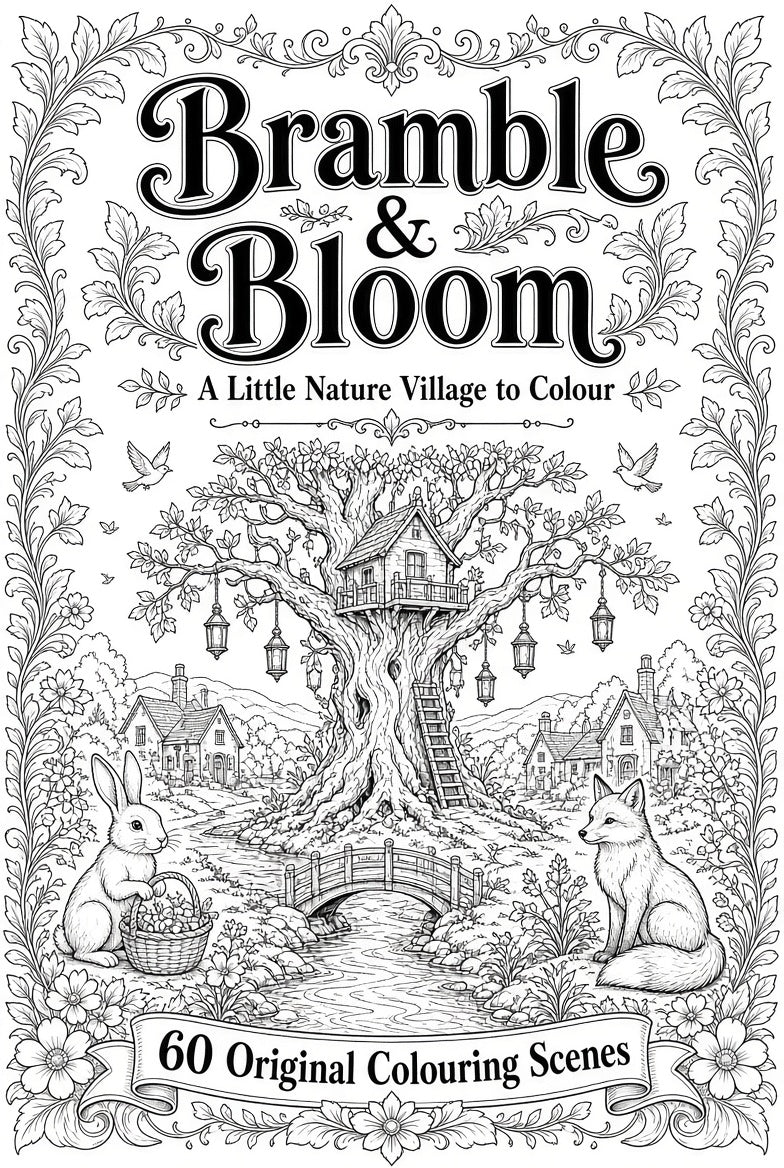 Bramble & Bloom nature colouring book cover with a treehouse, a rabbit, a fox and village scenes, for a quick guide to choosing colouring pages