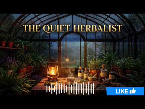 Lantern-lit Victorian glass greenhouse full of herbs on a rainy night, thumbnail for The Midnight in the Misty Greenhouse sleep story
