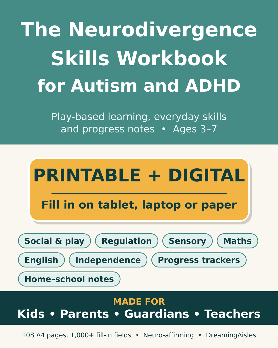 The Neurodivergence Skills Workbook for Autism and ADHD cover – fillable and printable A4 PDF, ages 3–7