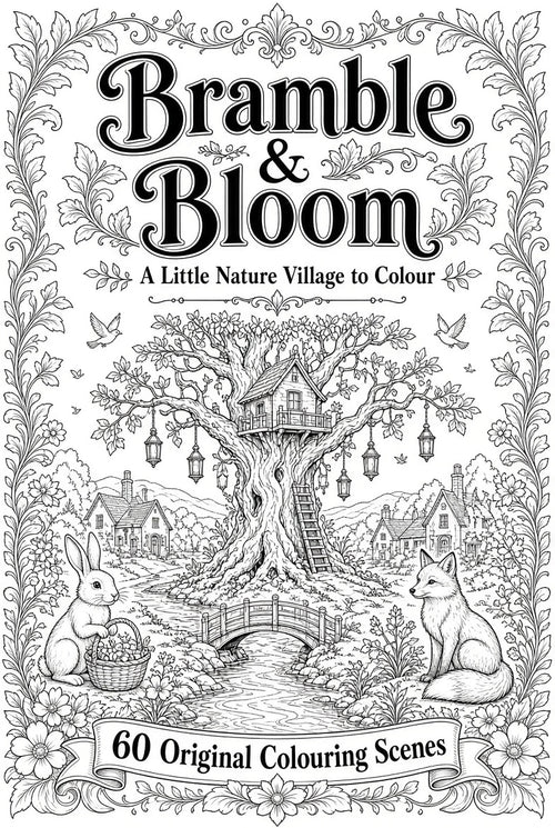 Bramble & Bloom 60-page printable nature colouring book cover (adult coloring book PDF)
