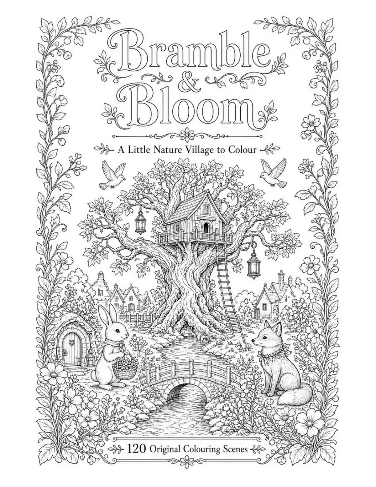 Bramble & Bloom printable colouring book cover, A Little Nature Village to Colour – cottagecore coloring pages for adults