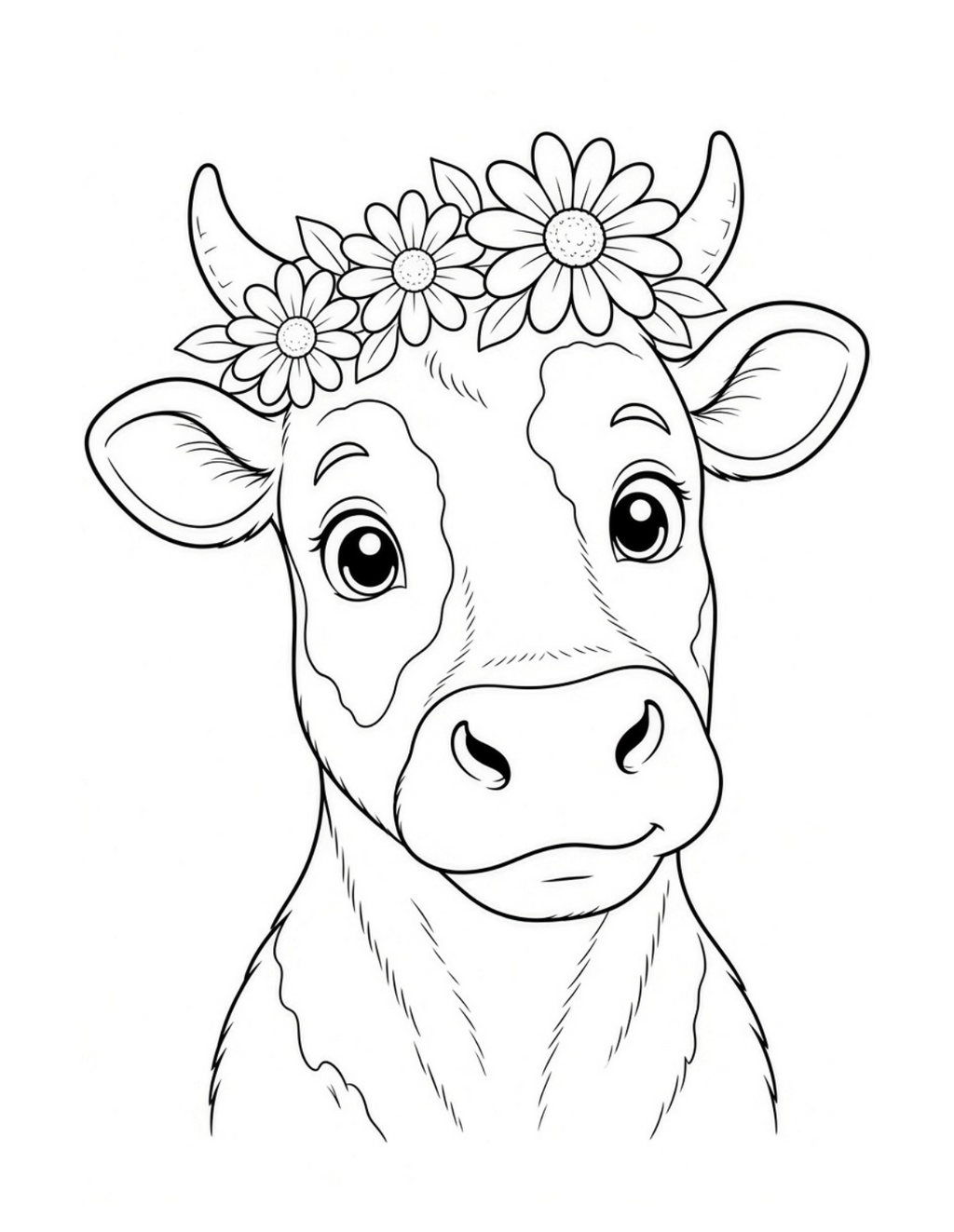 Bramble & Bloom colouring page: cute cow wearing a flower crown