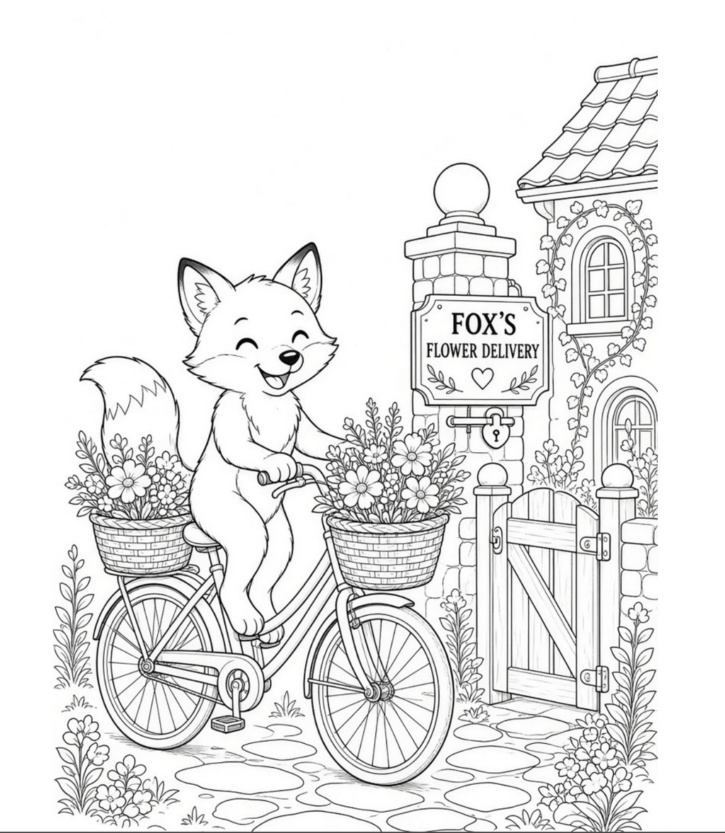 Bramble & Bloom colouring page: fox riding a bicycle for Fox's Flower Delivery