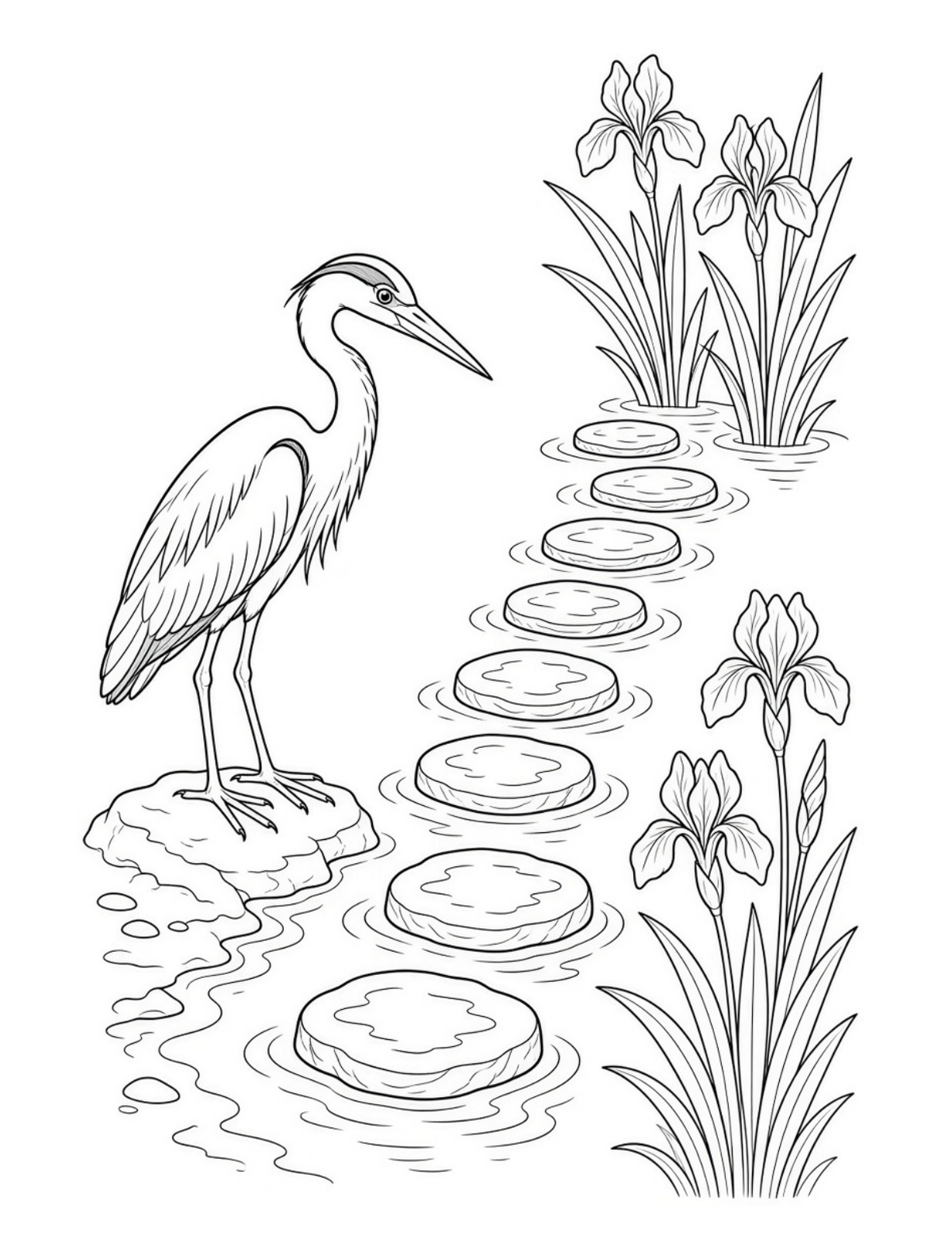 Bramble & Bloom colouring page: heron beside pond stepping stones and irises