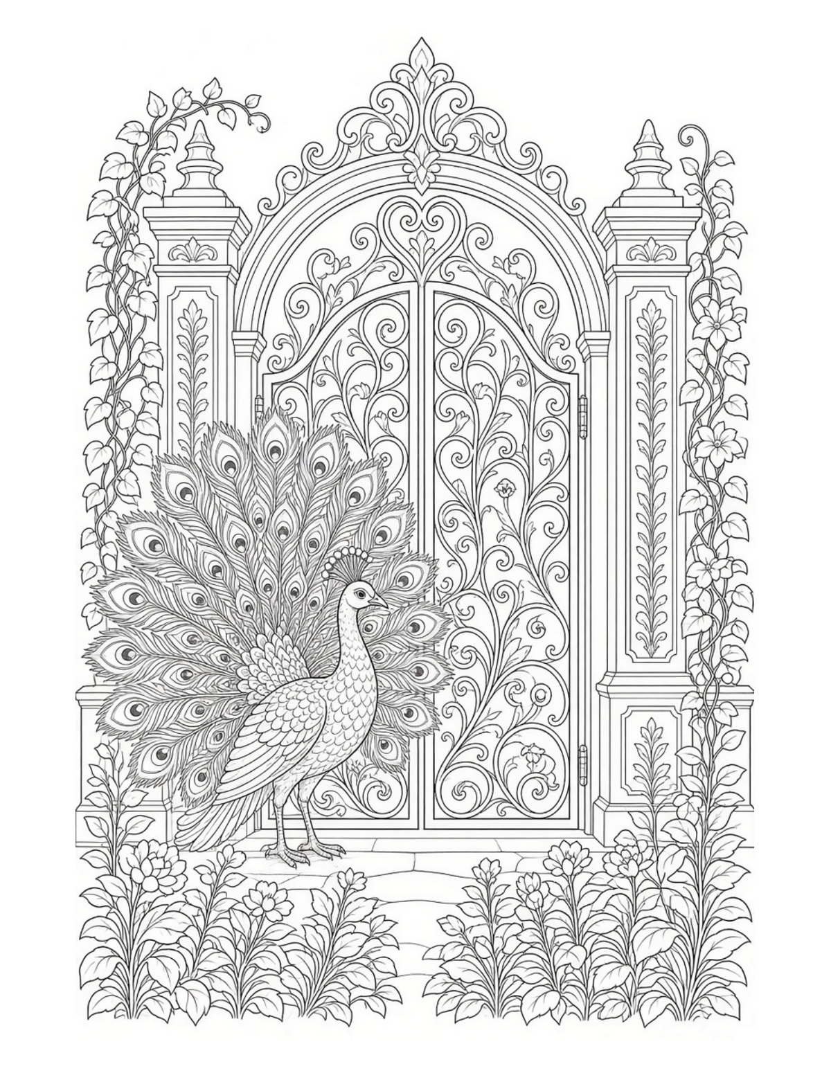 Bramble & Bloom colouring page: peacock at an ornate garden gate