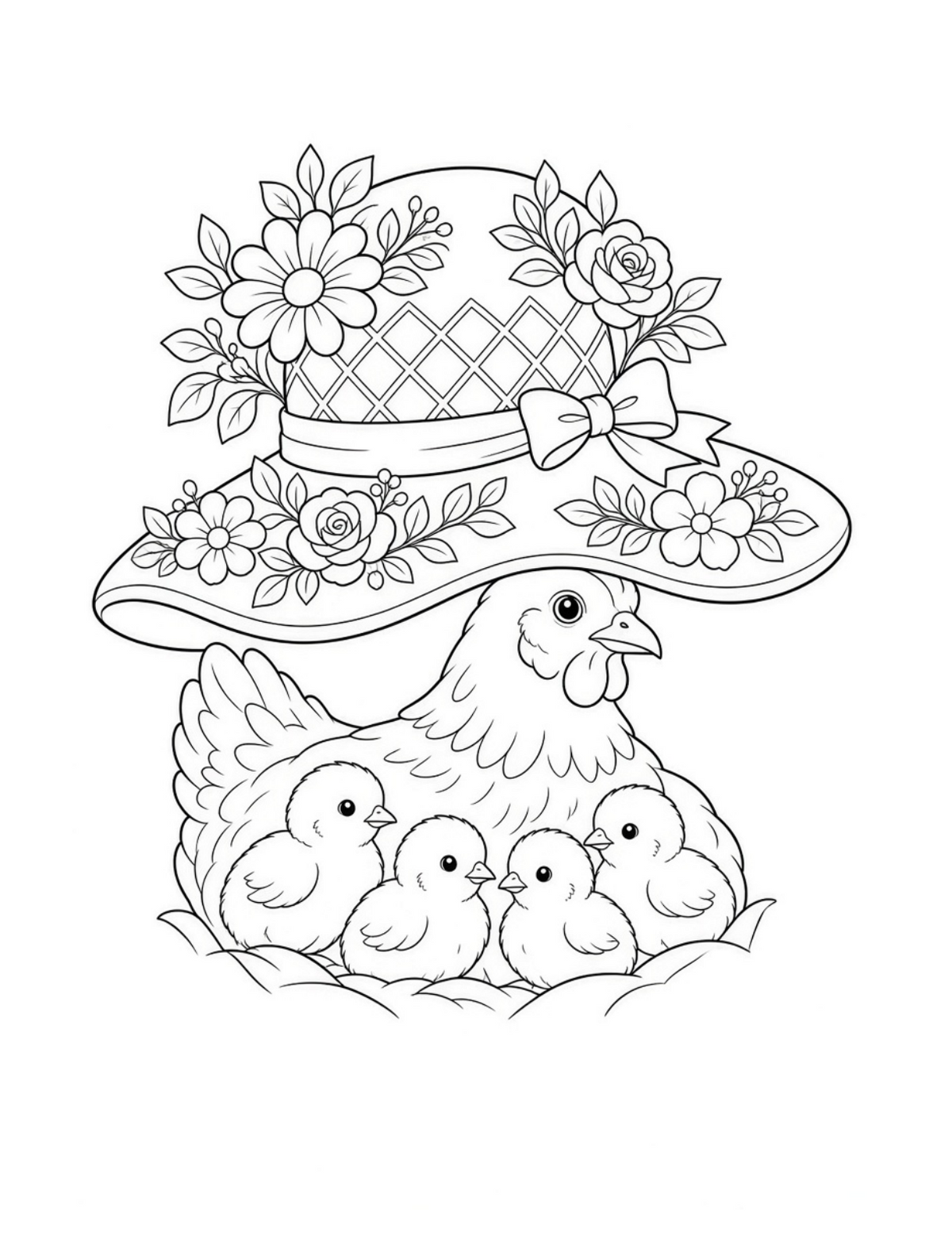 Bramble & Bloom colouring page: hen and chicks under a flowered sun hat