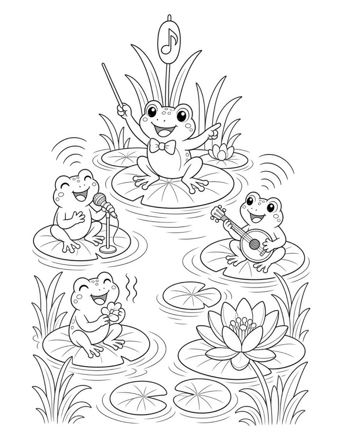 Bramble & Bloom colouring page: frog band singing on lily pads