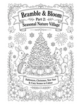 Bramble & Bloom Part 2 colouring book cover: woodland animals decorating a Christmas tree with pumpkins and fireworks – Halloween and Christmas coloring book PDF