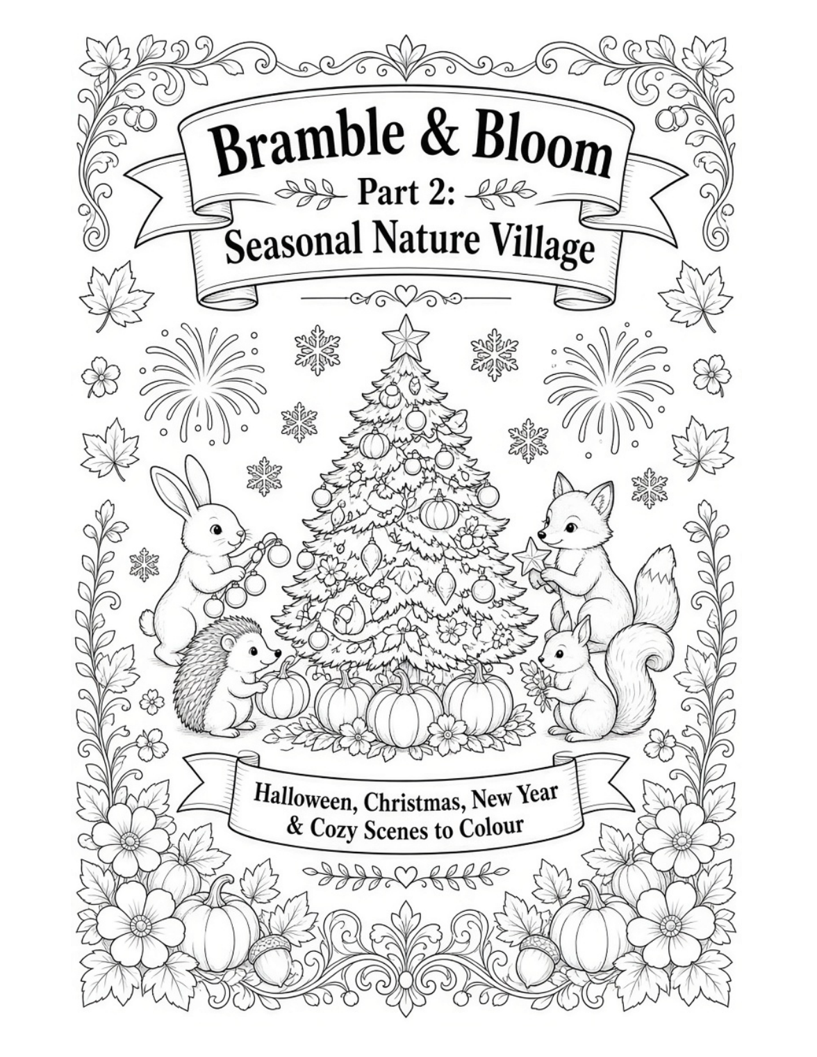 Bramble & Bloom Part 2 colouring book cover: woodland animals decorating a Christmas tree with pumpkins and fireworks – Halloween and Christmas coloring book PDF