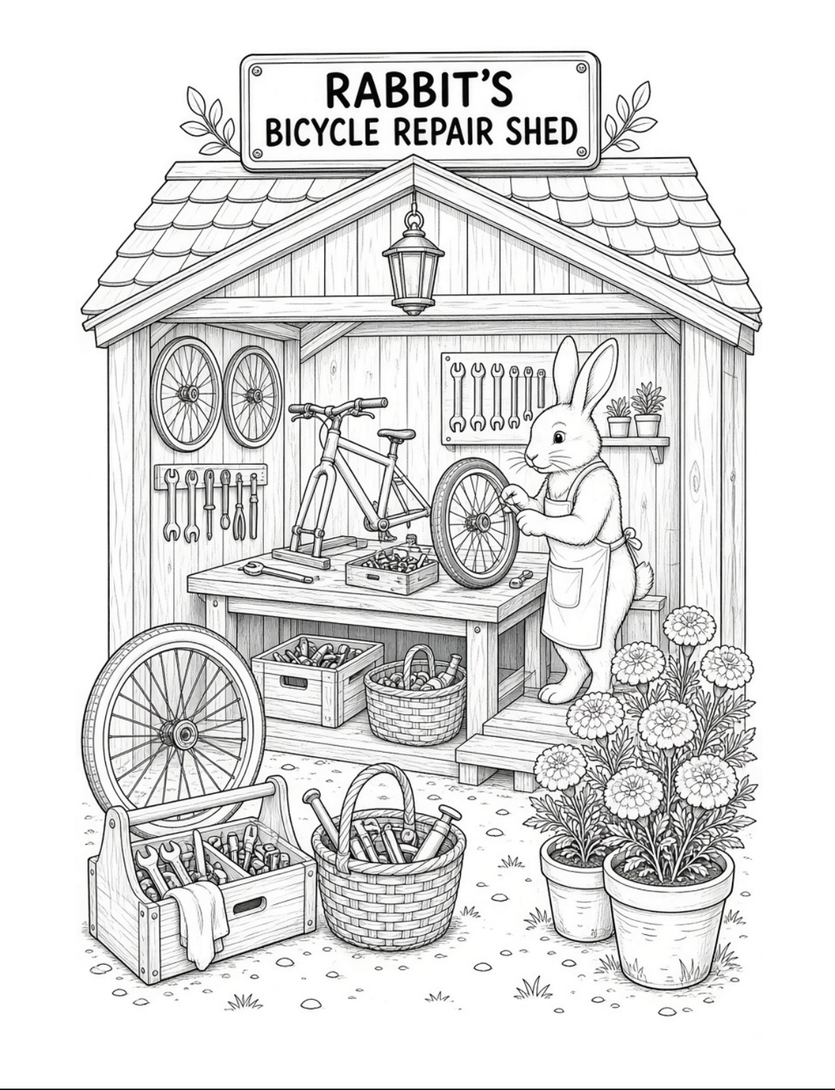 Bramble & Bloom Part 2 colouring page: rabbit in Rabbit's Bicycle Repair Shed