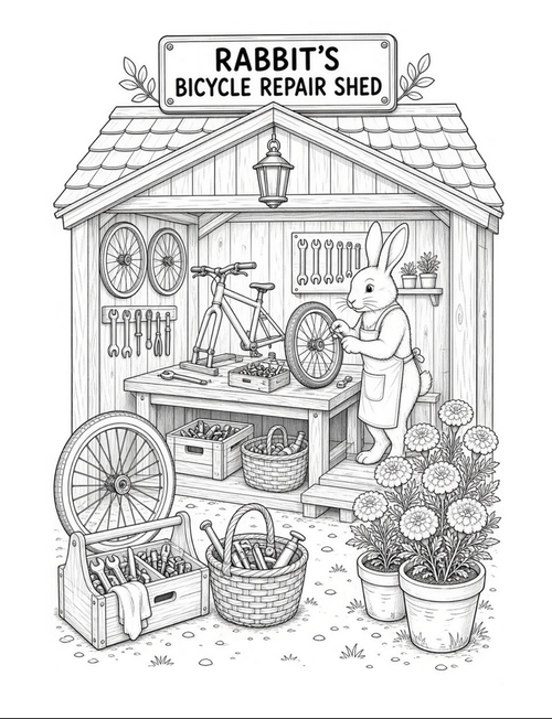 Bramble & Bloom Part 2 colouring page: rabbit in Rabbit's Bicycle Repair Shed