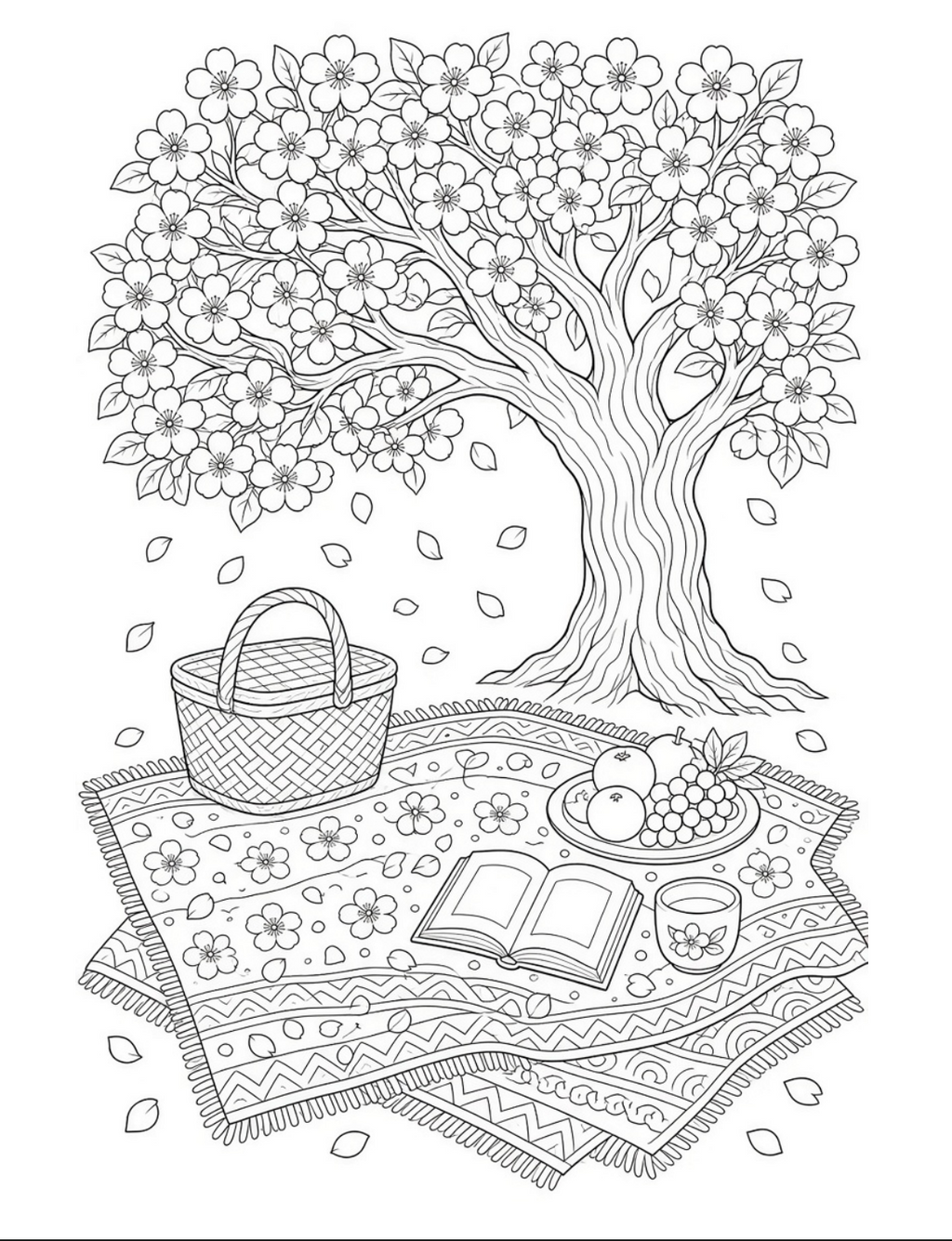 Bramble & Bloom Part 2 colouring page: picnic blanket and basket under a blossom tree
