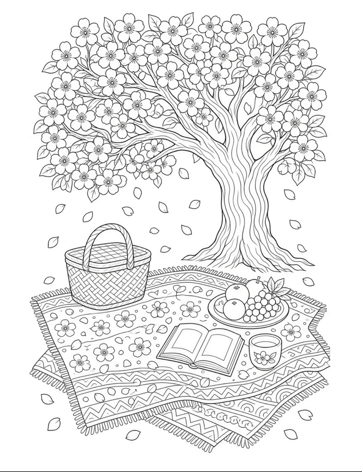 Bramble & Bloom Part 2 colouring page: picnic blanket and basket under a blossom tree