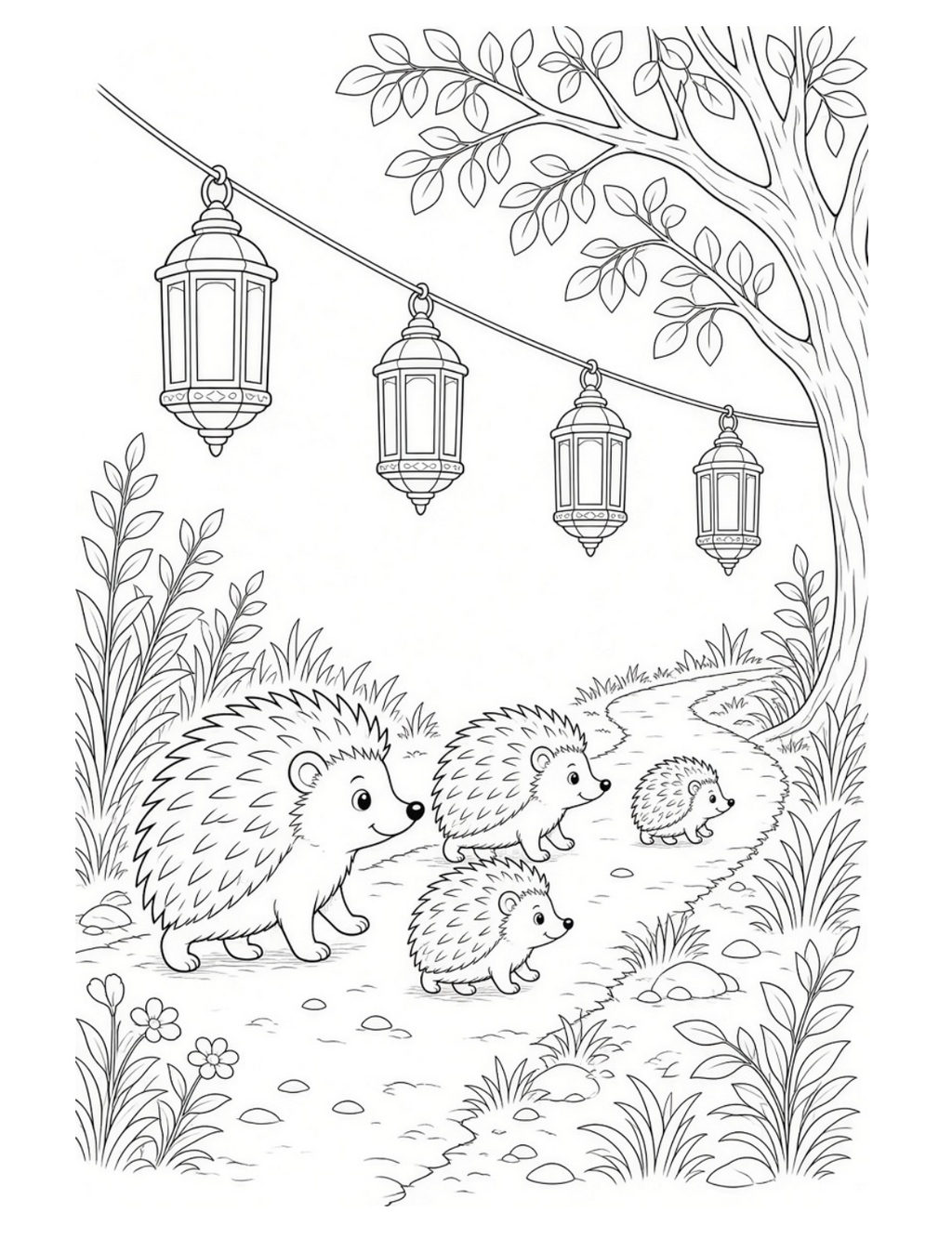 Bramble & Bloom Part 2 colouring page: hedgehog family under hanging lanterns