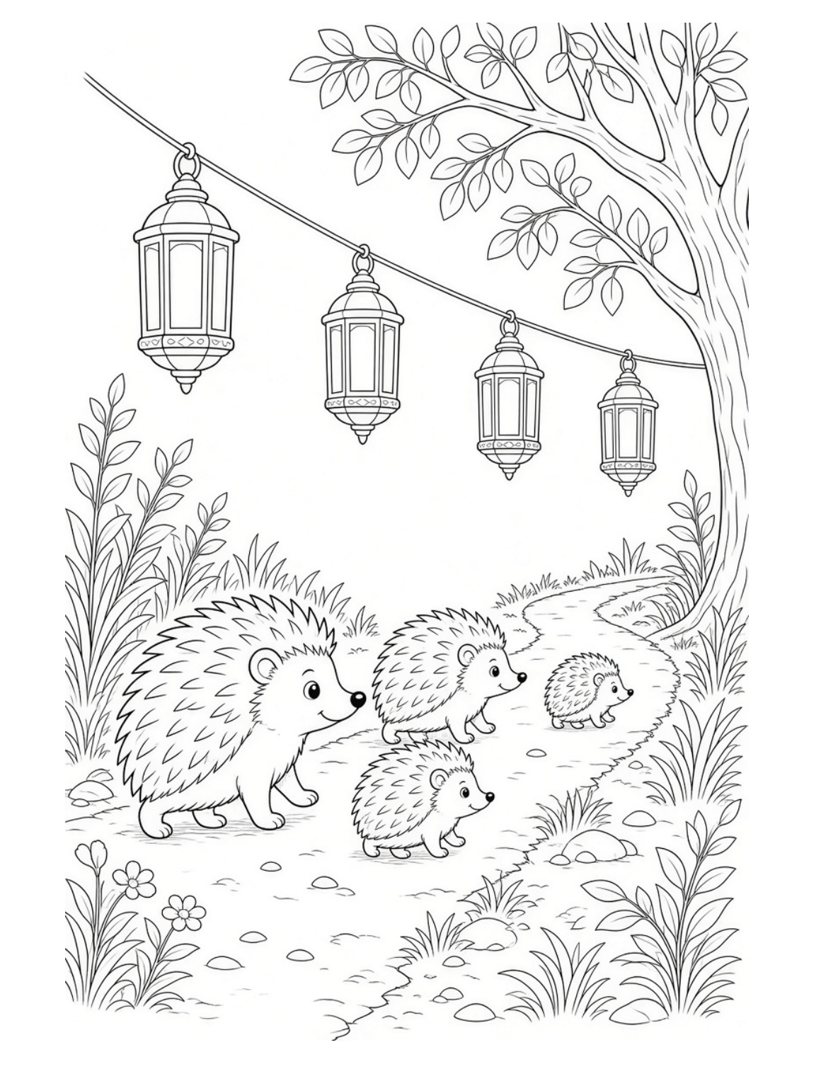 Bramble & Bloom Part 2 colouring page: hedgehog family under hanging lanterns