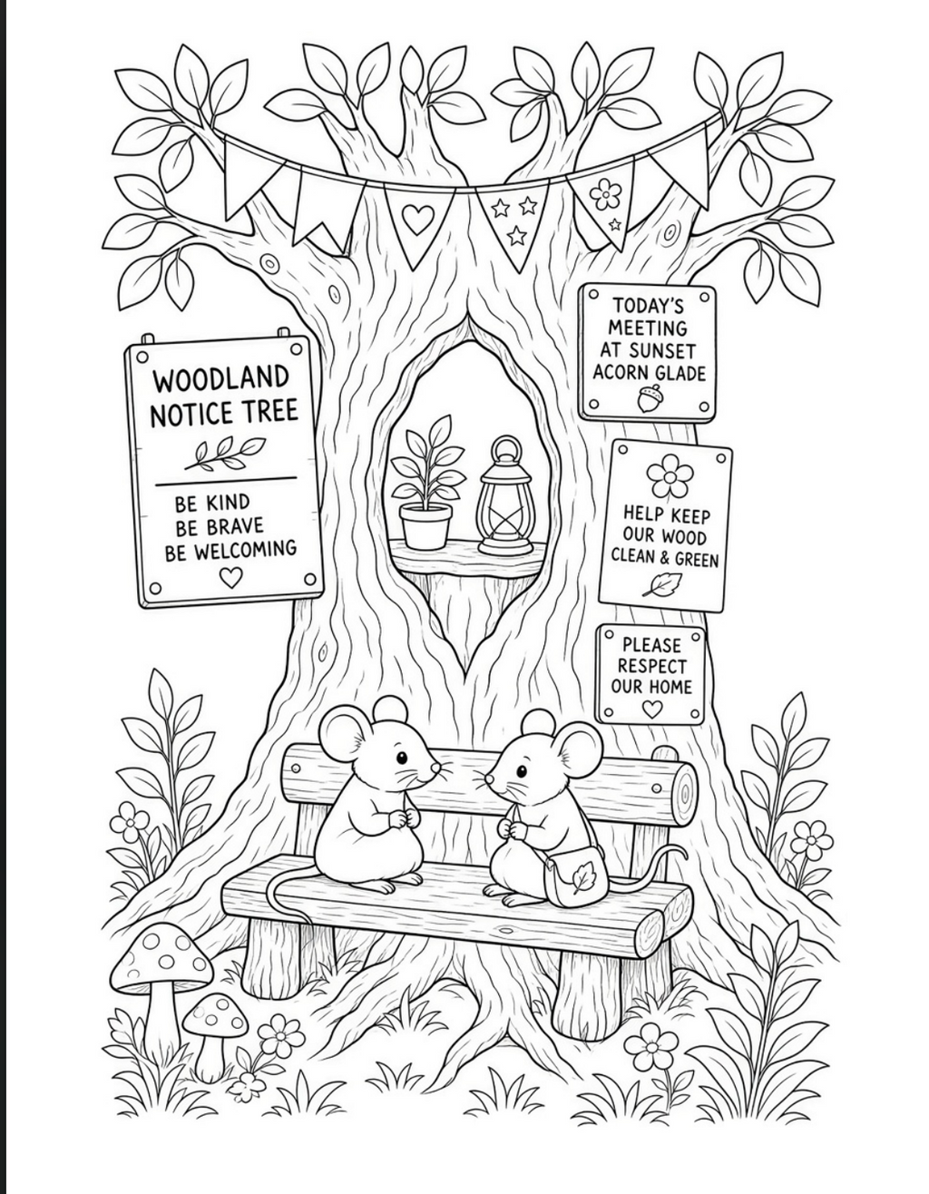 Bramble & Bloom Part 2 colouring page: mice on a bench at the Woodland Notice Tree
