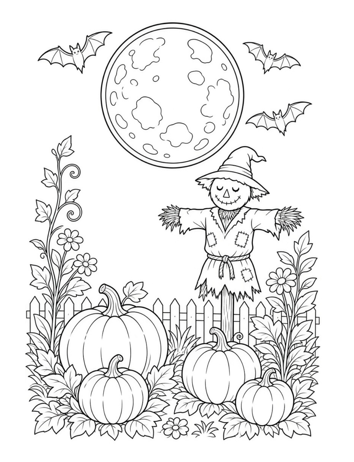 Bramble & Bloom Part 2 Halloween colouring page: scarecrow, pumpkins and bats under a full moon
