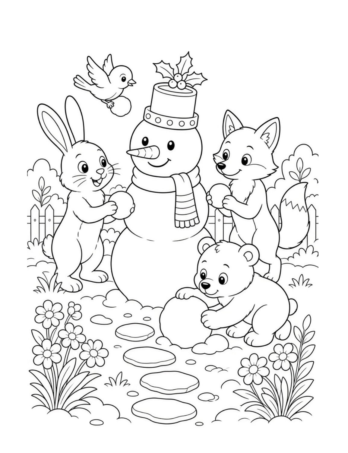 Bramble & Bloom Part 2 Christmas colouring page (Christmas coloring page for adults): woodland animals building a snowman