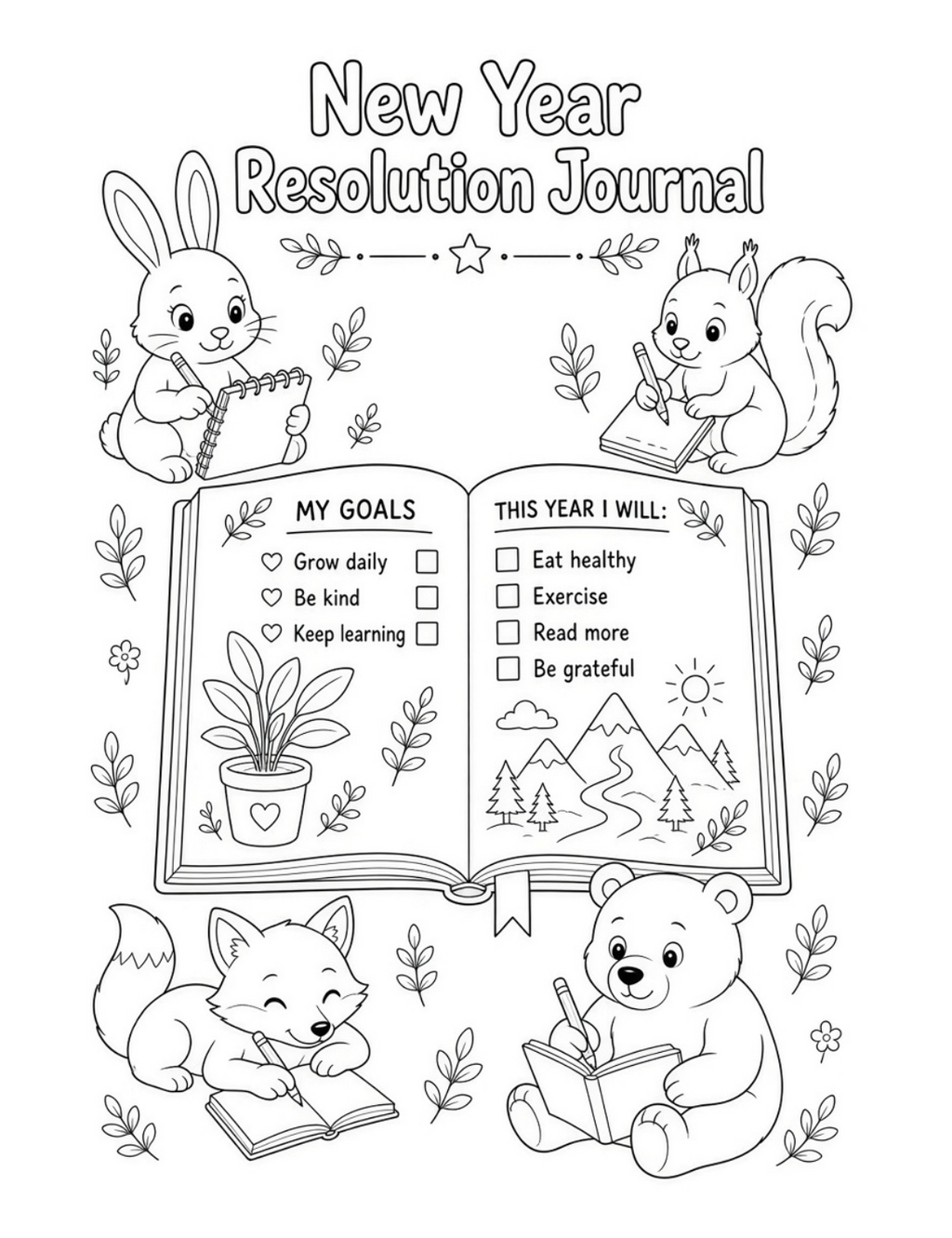 Bramble & Bloom Part 2 colouring page: New Year Resolution Journal with bunny, fox and bear