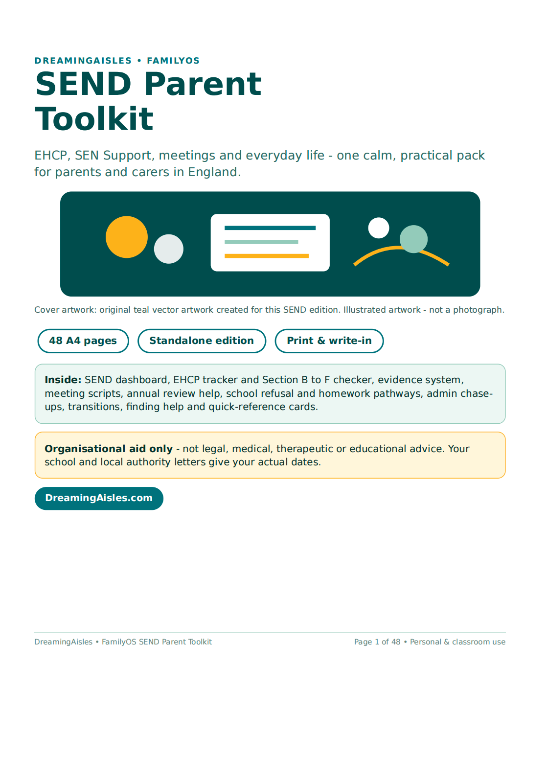 First page of the FamilyOS SEND Parent Toolkit printable PDF, standalone 48-page edition for parents and carers in England