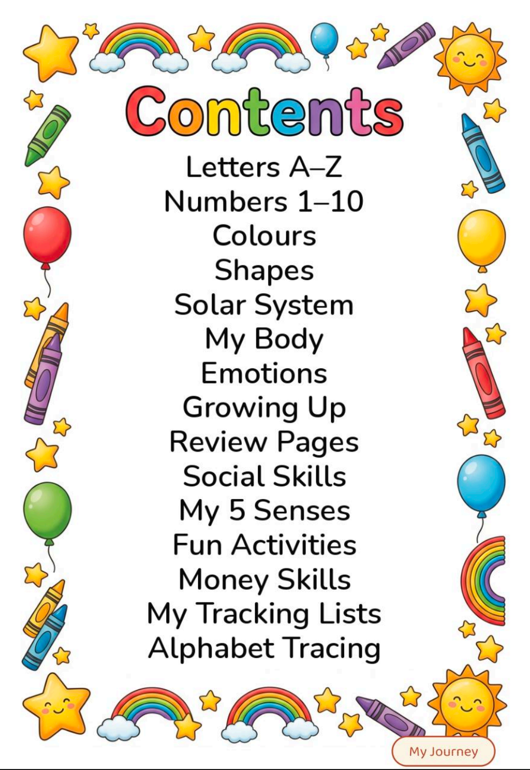Contents page of a printable kids learning workbook: letters A-Z, numbers, colours, shapes, solar system, money skills and alphabet tracing