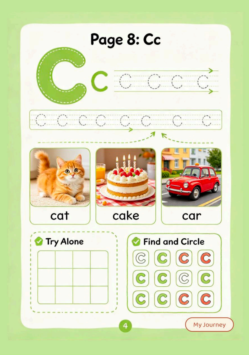 Page 8 letter Cc tracing practice with dotted letters, cat, cake and car pictures, try-alone box and find-and-circle activity