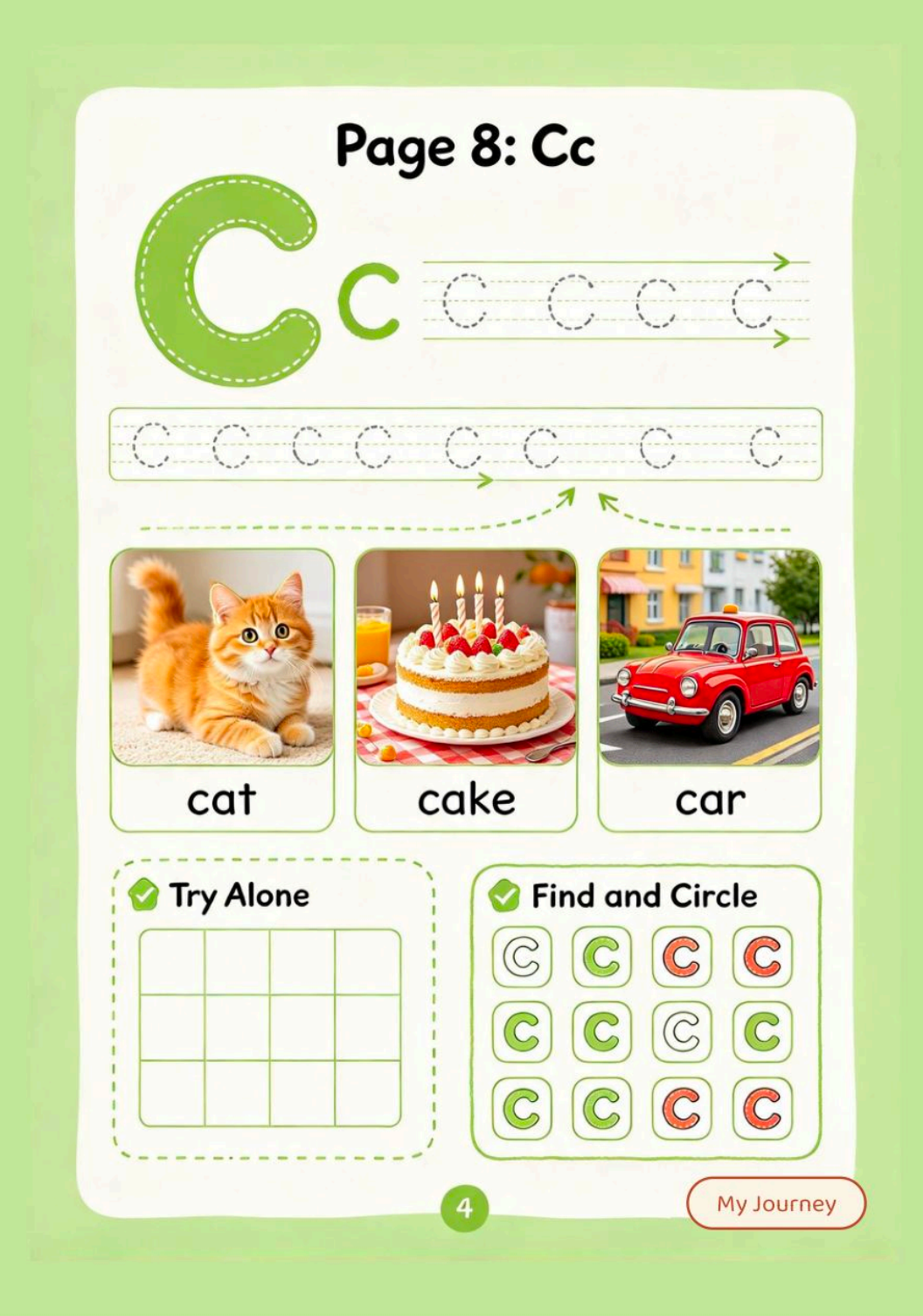 Page 8 letter Cc tracing practice with dotted letters, cat, cake and car pictures, try-alone box and find-and-circle activity