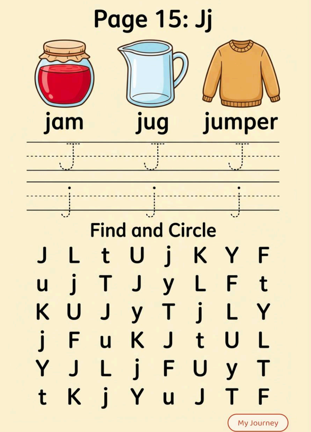 Page 15 letter Jj worksheet with jam, jug and jumper pictures, letter tracing lines and a find-and-circle Jj letter grid