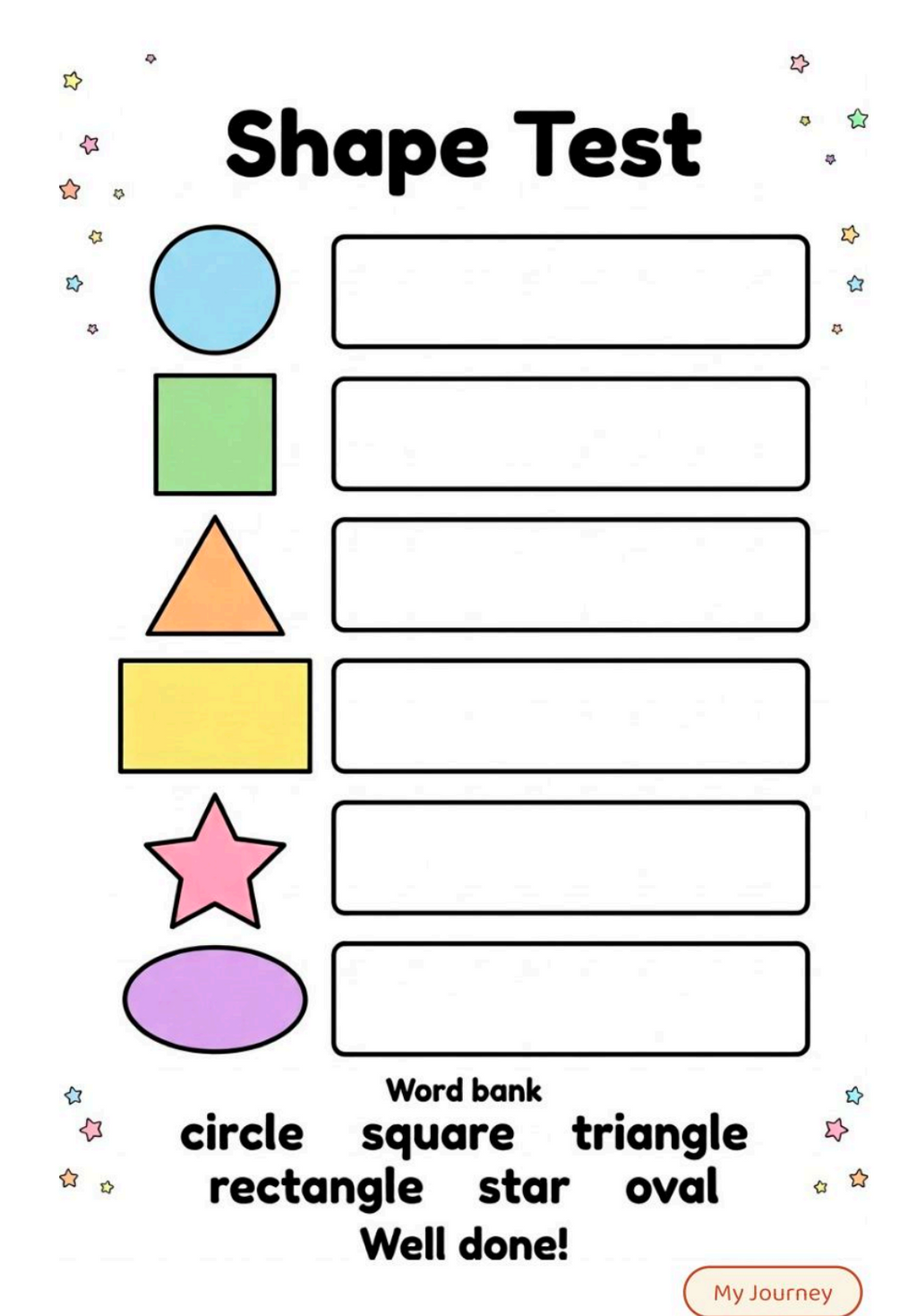 Shape Test page from My First Learning Adventure printable workbook: name the circle, square, triangle, rectangle, star and oval with a word bank
