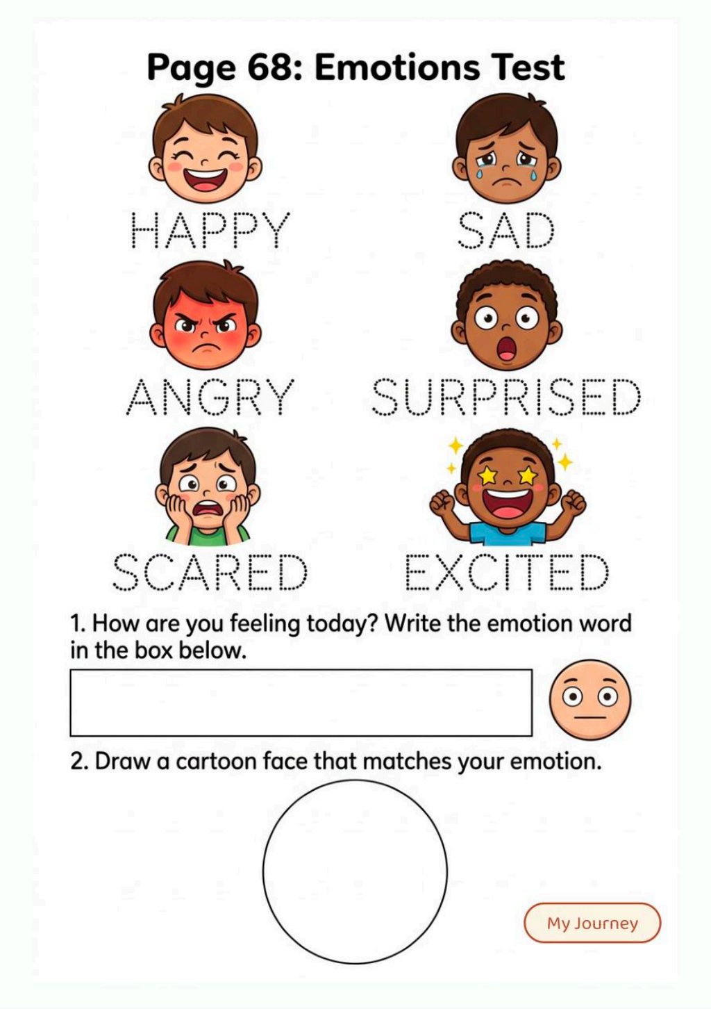 Page 68 Emotions Test printable page: happy, sad, angry, surprised, scared and excited faces with a how-are-you-feeling activity