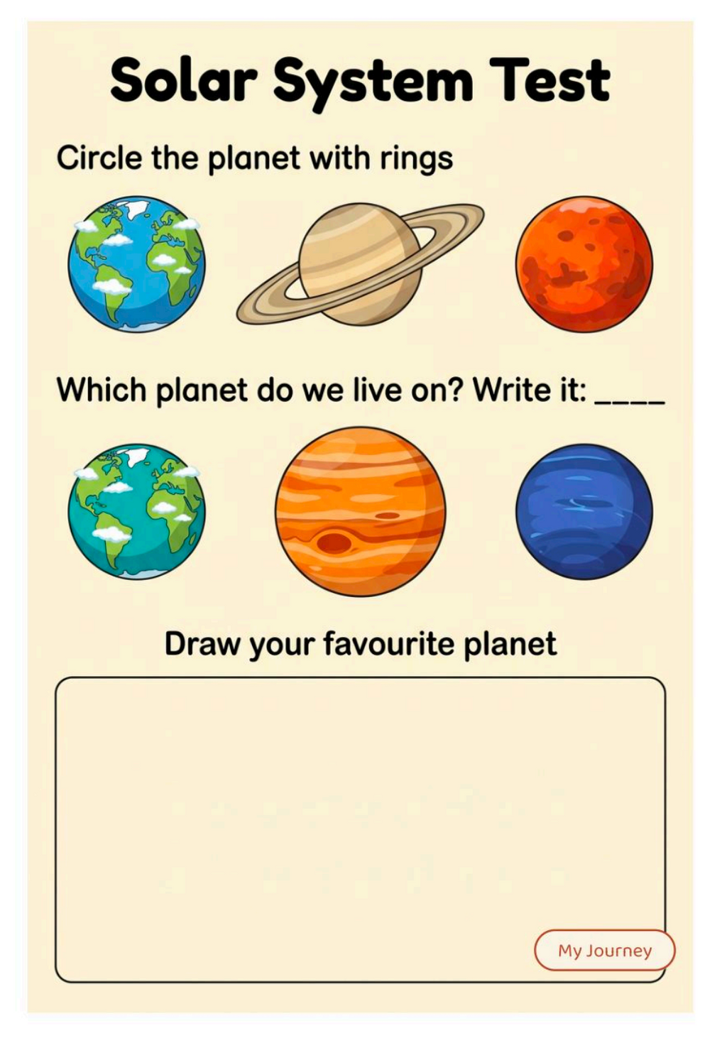 Solar System Test printable page: circle the planet with rings, write which planet we live on and draw your favourite planet