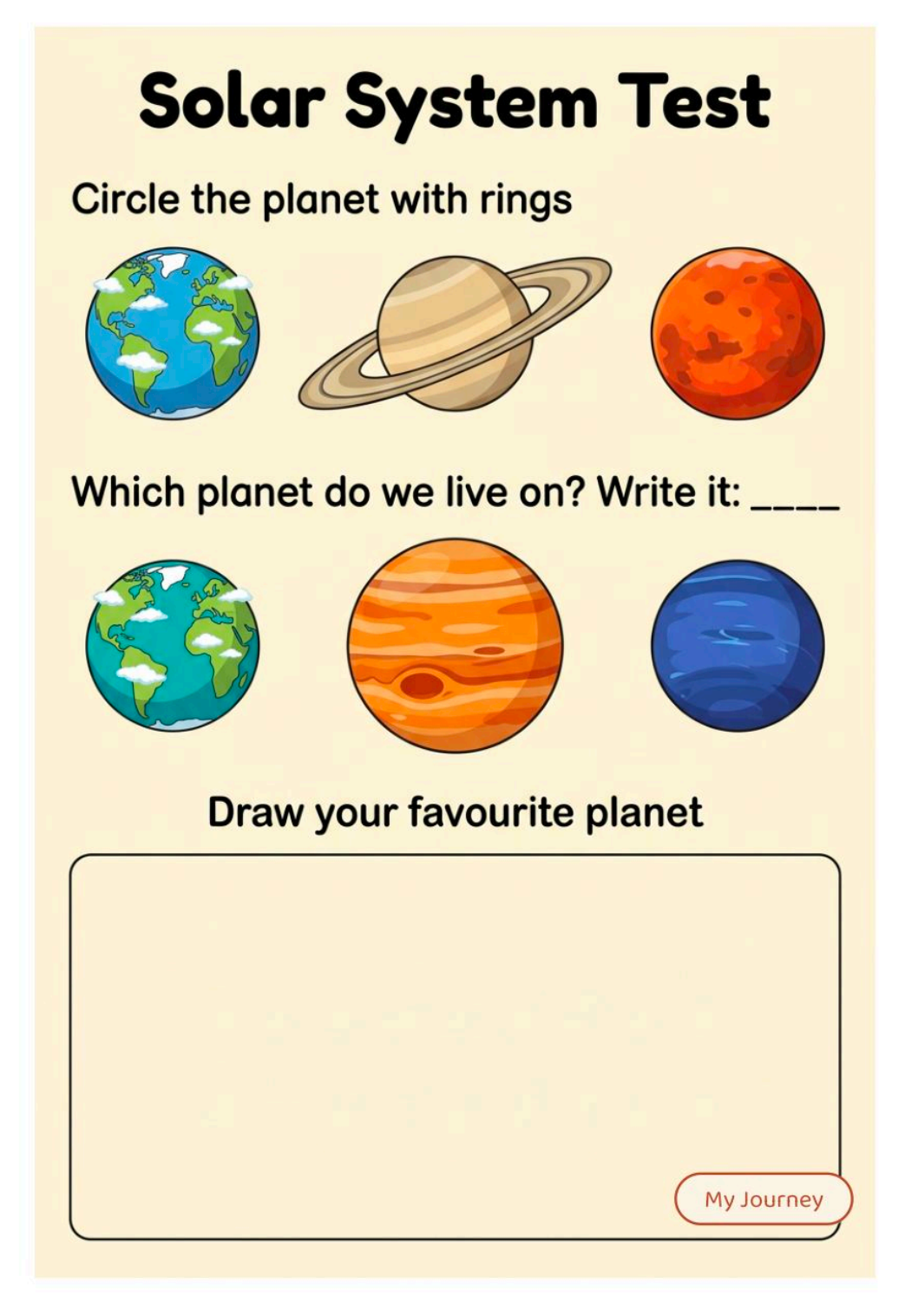 Solar System Test printable page: circle the planet with rings, write which planet we live on and draw your favourite planet