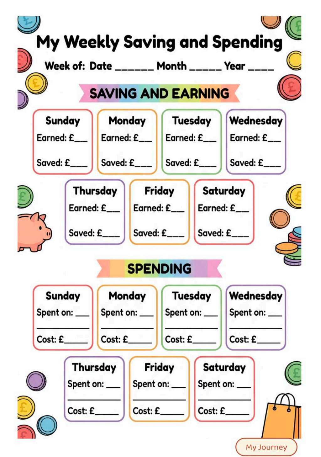 My Weekly Saving and Spending money skills worksheet for kids with daily earned, saved and spent boxes in pounds