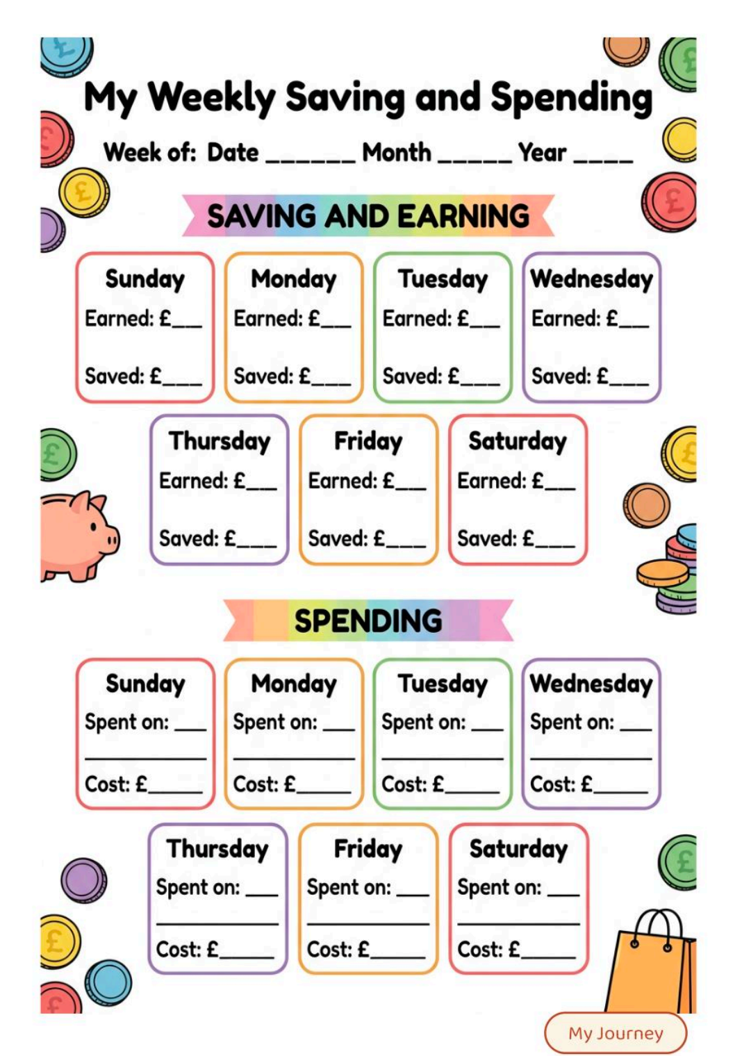 My Weekly Saving and Spending money skills worksheet for kids with daily earned, saved and spent boxes in pounds