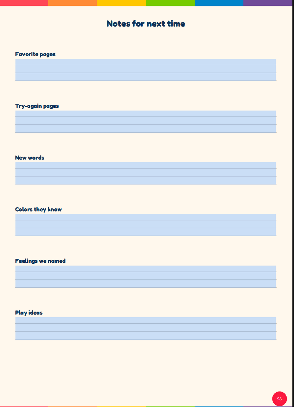 Notes for next time page from the Toddler Brain Booster workbook: favourite pages, try-again pages, new words, colours, feelings and play ideas