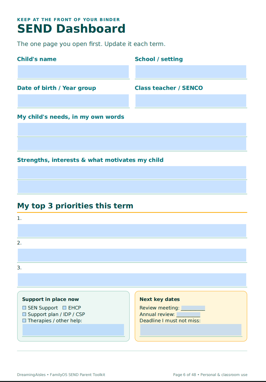 SEND Parent Toolkit | EHCP Tracker, Evidence Log & Meeting Planner — Fillable & Printable PDF