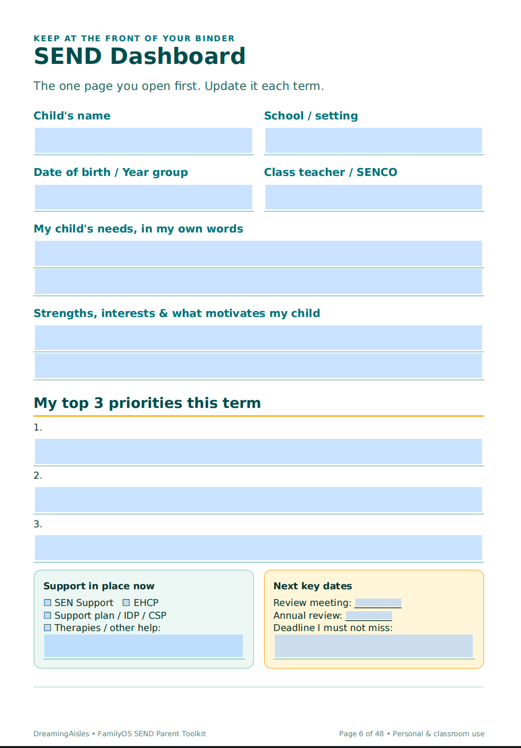 SEND Parent Toolkit | EHCP Tracker, Evidence Log & Meeting Planner — Fillable & Printable PDF