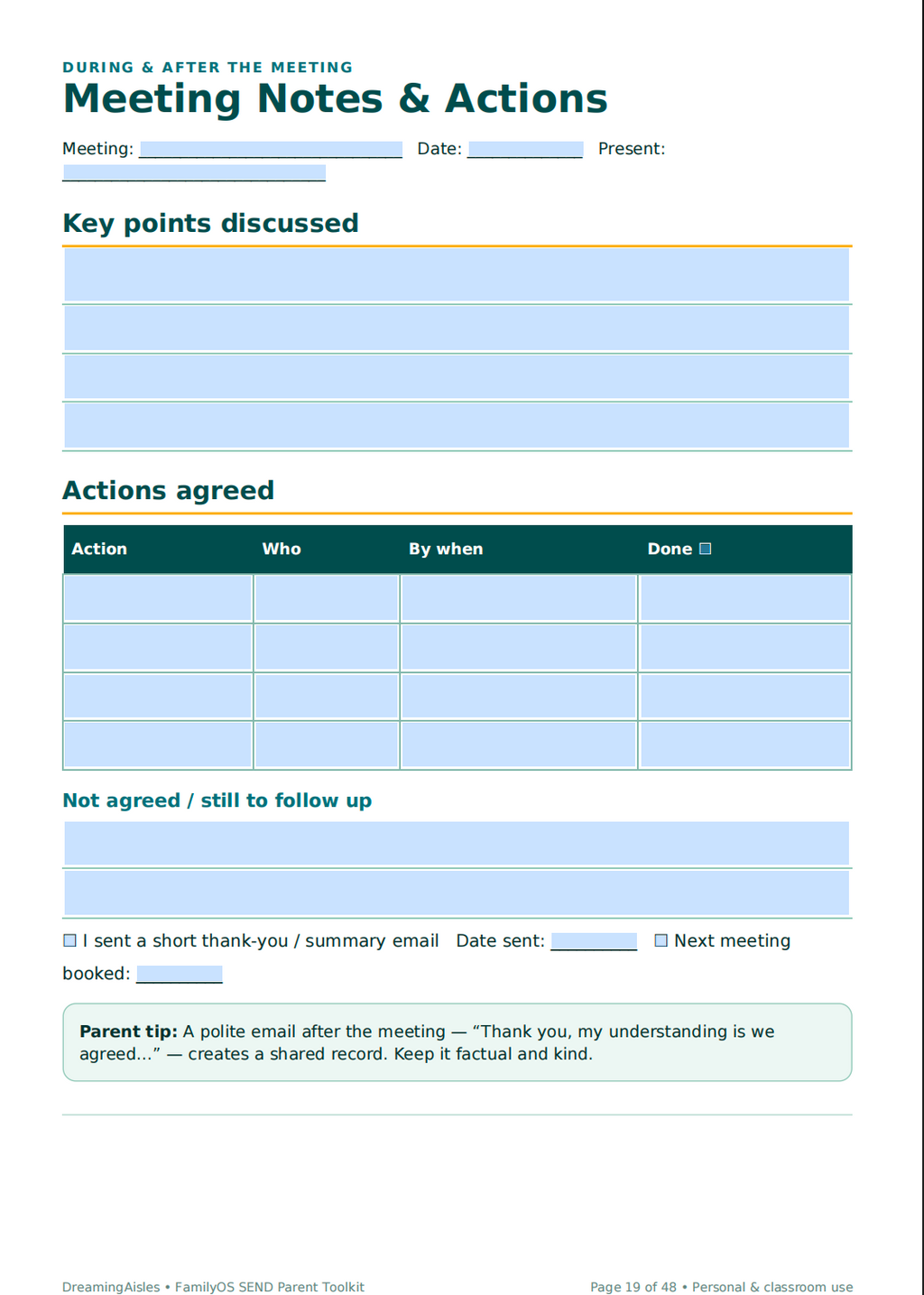 SEND Parent Toolkit | EHCP Tracker, Evidence Log & Meeting Planner — Fillable & Printable PDF