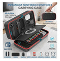 Open black and red Nintendo Switch 2 carrying case holding a console, game cards and cables (accessories not included)