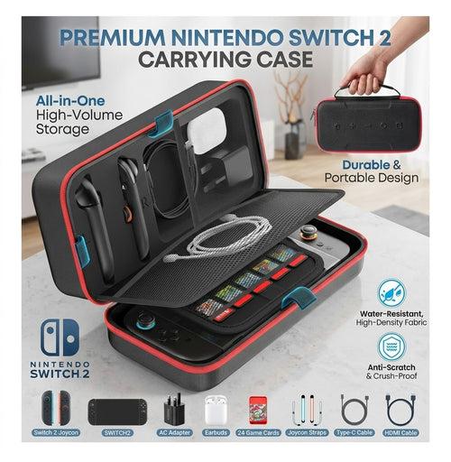Open black and red Nintendo Switch 2 carrying case holding a console, game cards and cables (accessories not included)