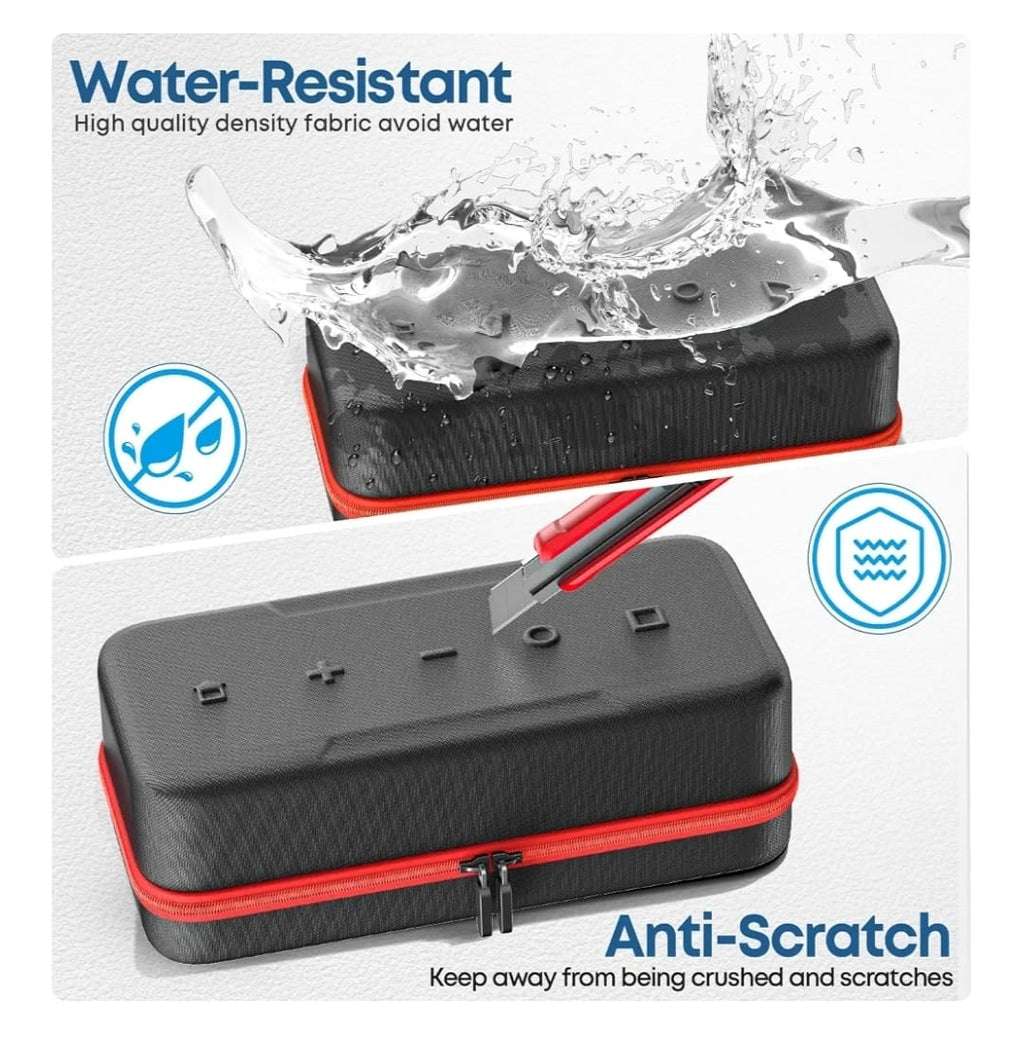 Close-up of the Switch carrying case's black textured EVA shell with zip closure and red trim