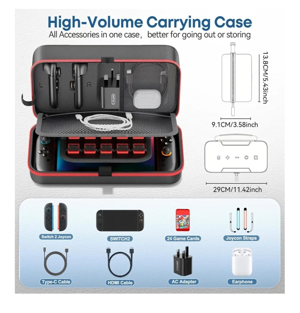 Inside the Switch carrying case: storage for console, Joy-Con, game cards, cables, adapter and earphones, with dimensions