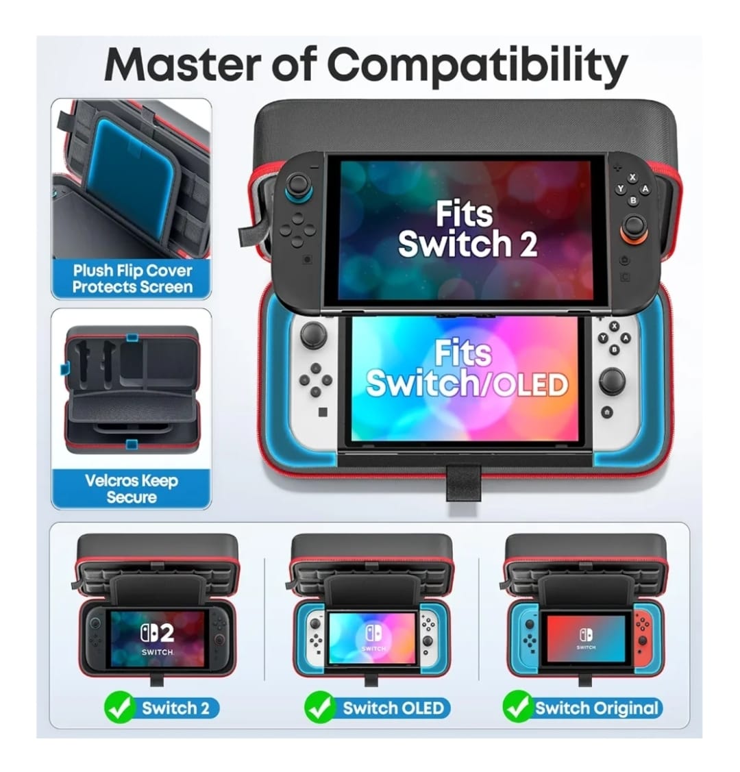 Compatibility guide showing the carrying case fits Nintendo Switch 2, Switch OLED and the original Switch