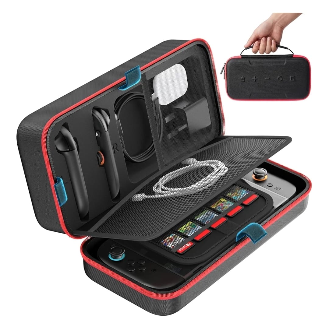 Open Nintendo Switch carrying case with accessories in the mesh lid pocket, plus the closed case carried by its handle