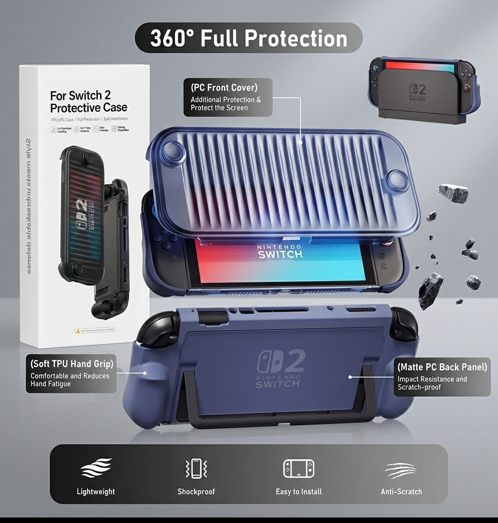 Blue protective grip case for Nintendo Switch 2 with front cover and retail box – full-protection overview