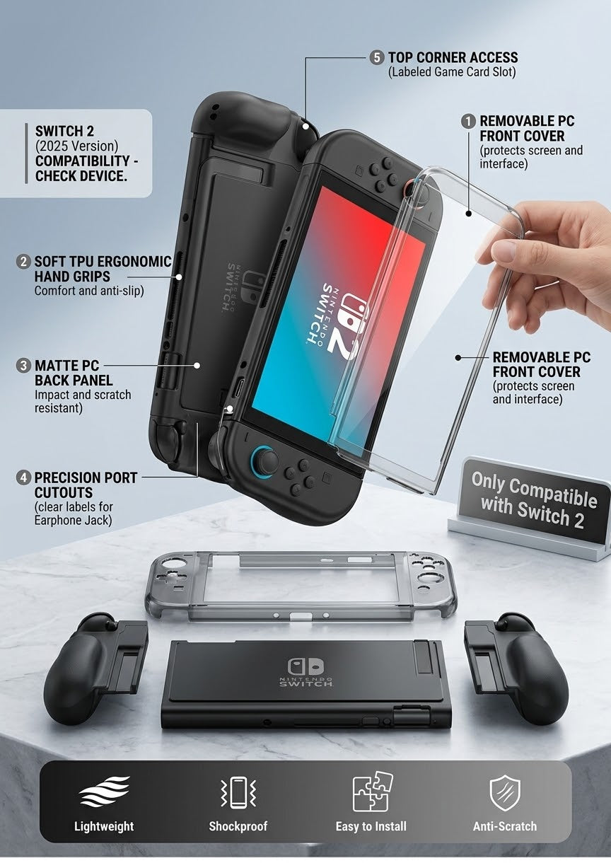 Labelled diagram of the Switch 2 grip case: removable front cover, hand grips, back panel, corner access and port cut-outs