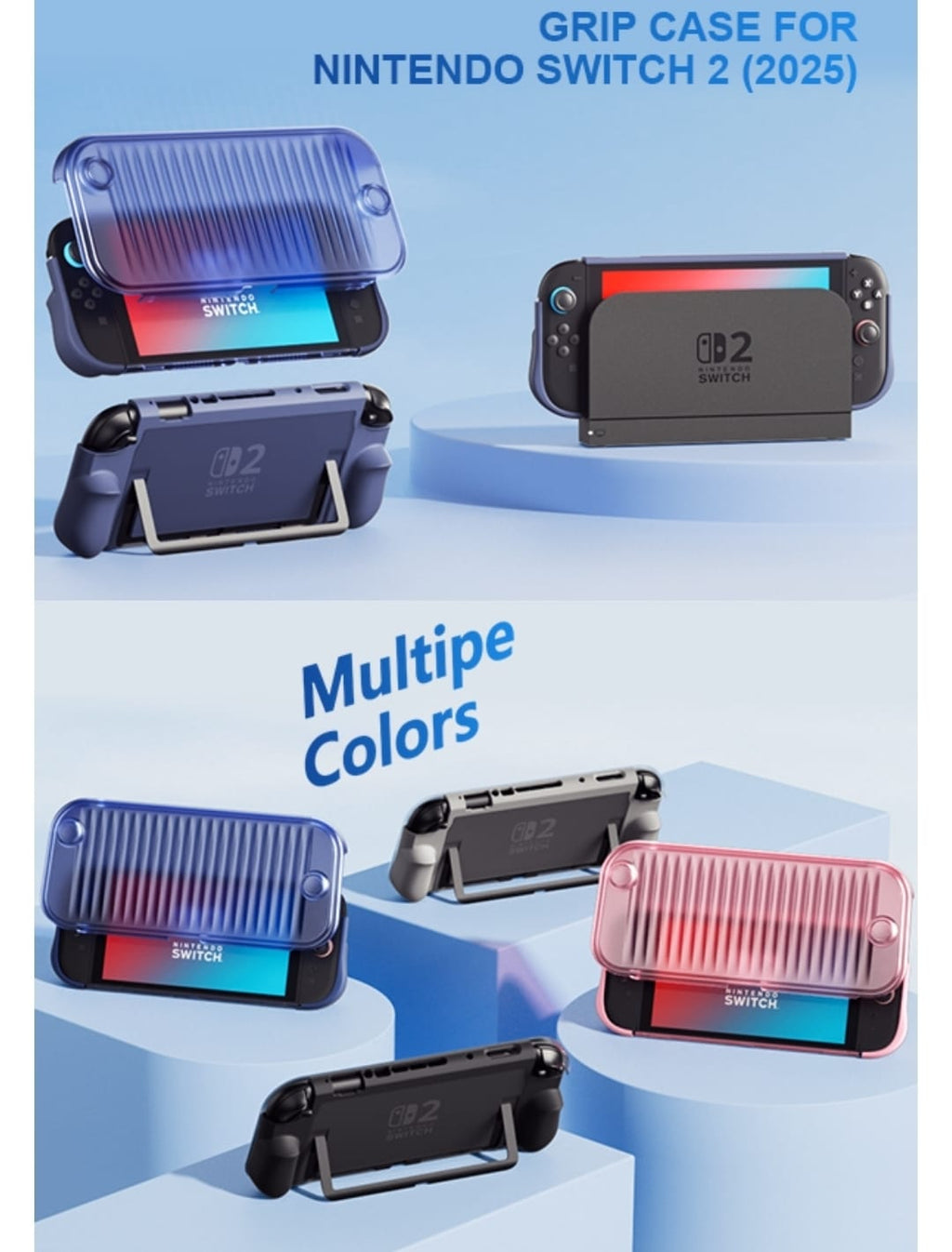 Nintendo Switch 2 grip case shown in several colours with the console stand in use; this listing is the blue case