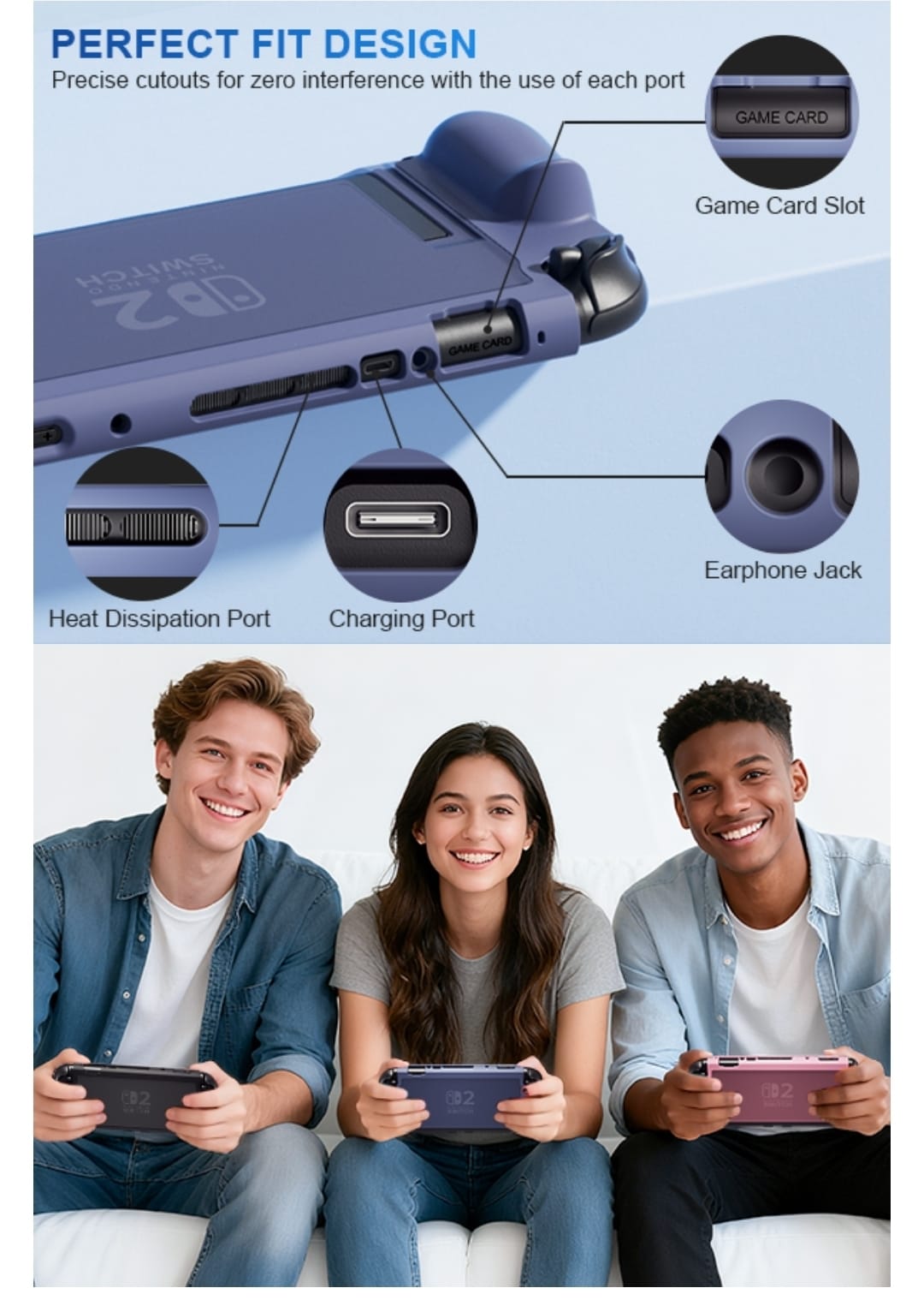Close-ups of Switch 2 case cut-outs for the game card slot, charging port, earphone jack and vents, plus friends gaming