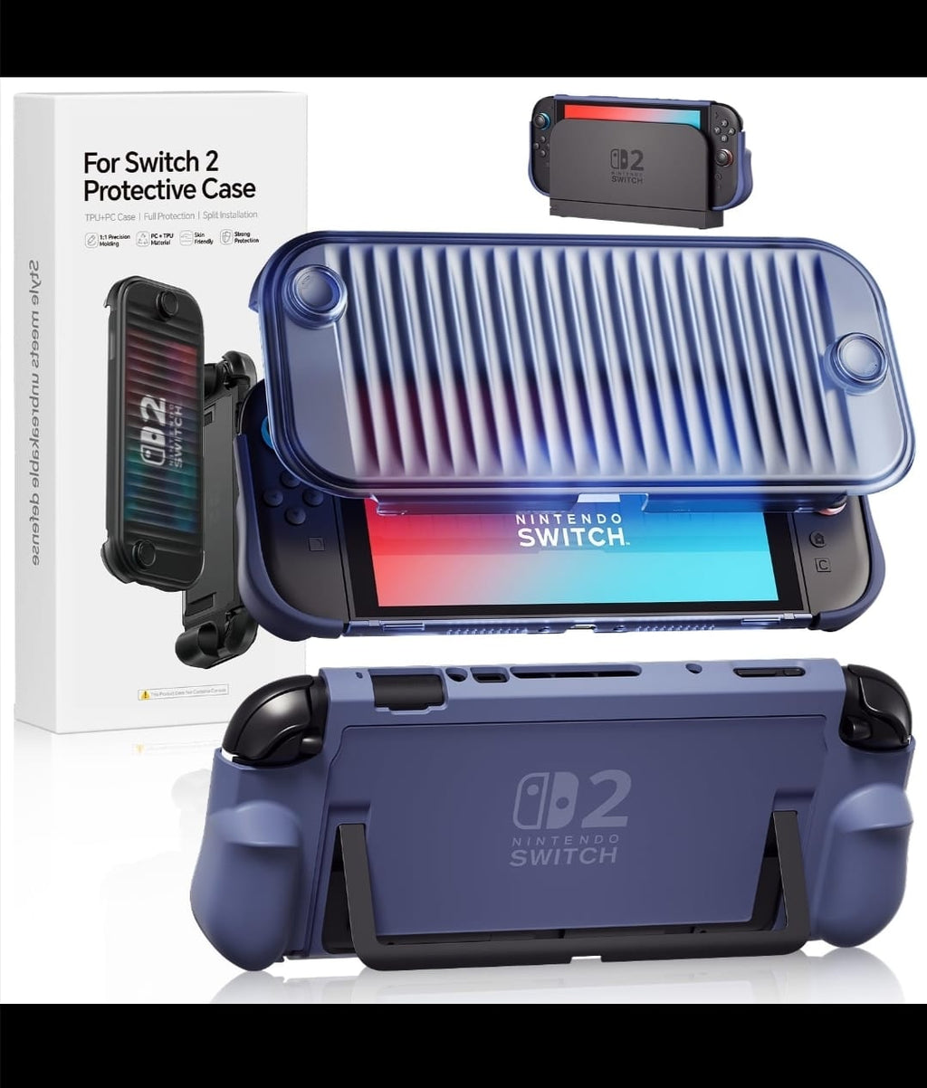 Blue Nintendo Switch 2 grip case with front cover fitted and removed, beside the Switch 2 Protective Case box