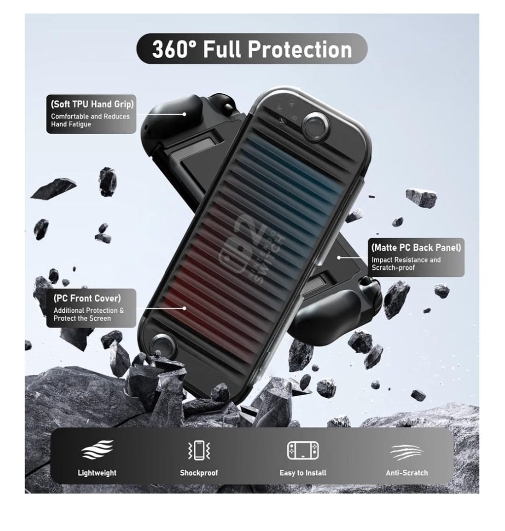 Layer diagram of the Nintendo Switch 2 protective case showing the front cover, hand grip and back panel